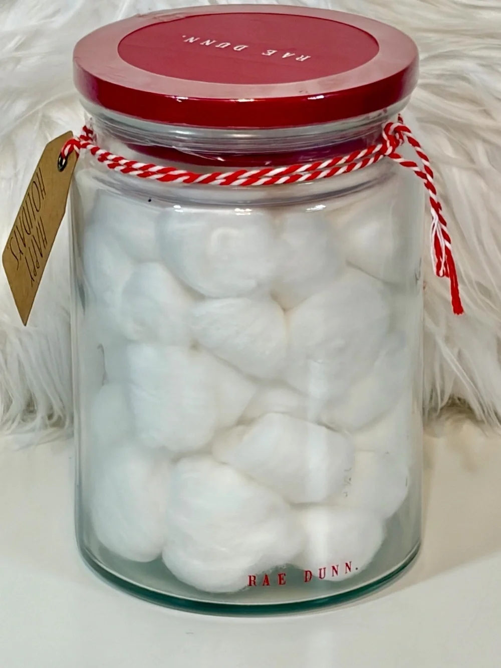 Rae Dunn NWT Merry Christmas Glass Jar with Cotton Balls Festive Holiday Decor